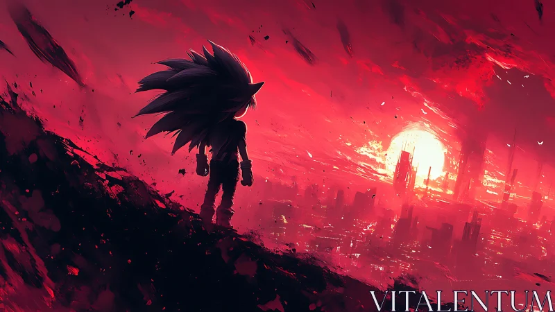 Scarlet skyline welcomes a lone hero watching the burning city