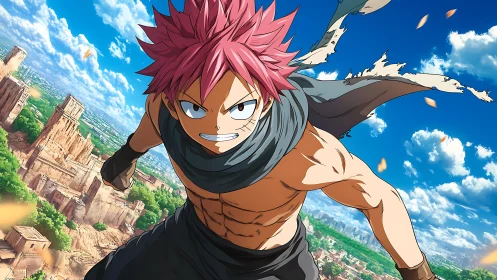 Dynamic anime hero lunges over ruined city with forced perspective