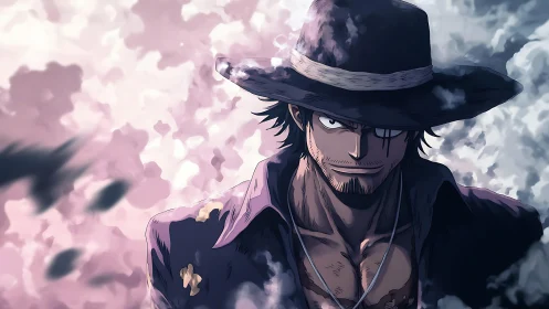 Hat-wearing anime character stands in drifting cloud backdrop