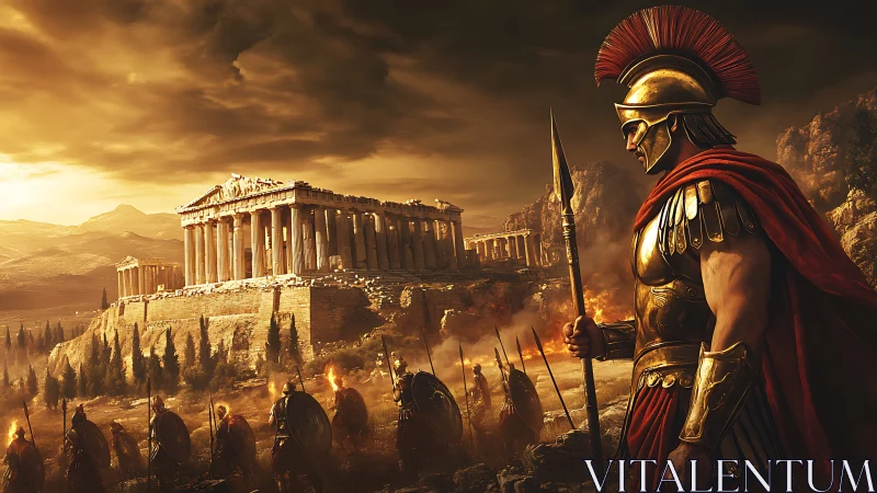Heroic Greek warrior defends a burning Acropolis at dusk