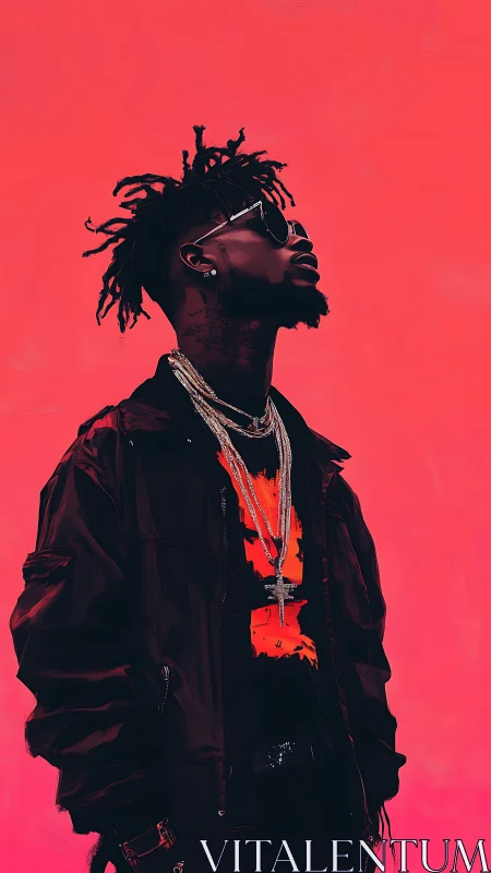 Chromatic portrait of streetwear subject against neon red field.