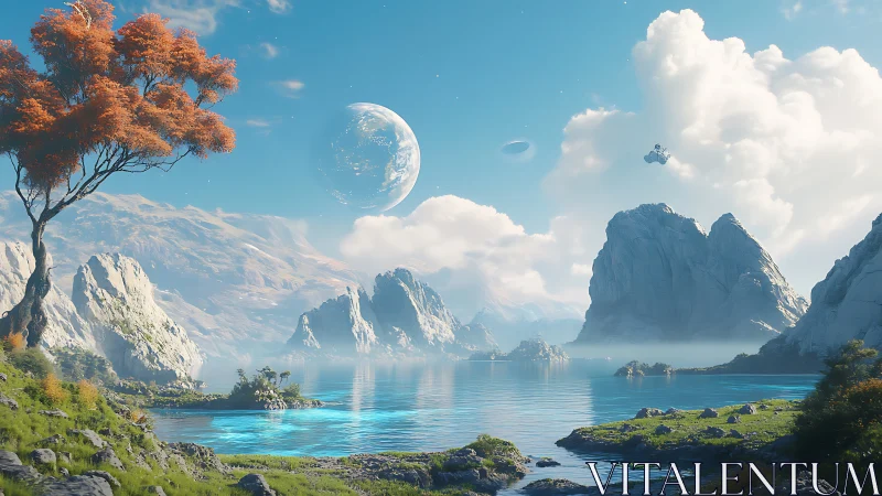 Alien coastal landscape with ringed planet and misty cliffs