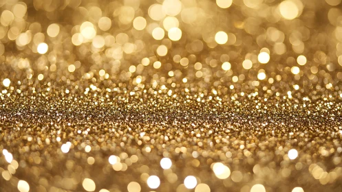 Defocused macro view of gold glitter surface texture.