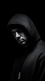 Male subject in hooded sweatshirt under low key lighting.