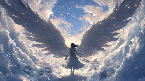 Winged human figure above cloudscape under bright sky.