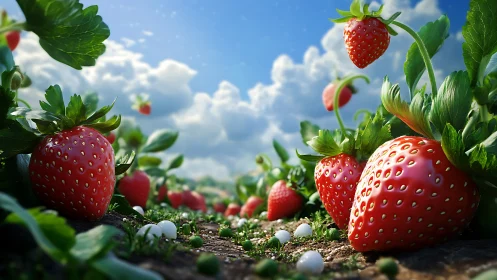 Close ground-level view of strawberries in cultivated row.