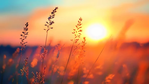 Sunlit meadow grasses glowing in a dreamy warm sunset.