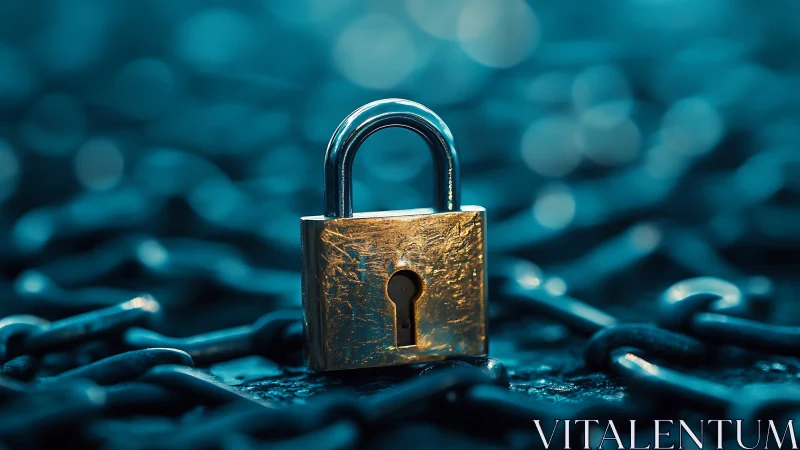 Lone golden padlock reigning over blurred steel chainscape.