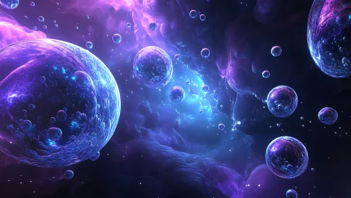 Cosmic glowing spheres floating in a vibrant nebula field.
