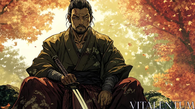 Solitary ronin seated under autumn canopy in dramatic light