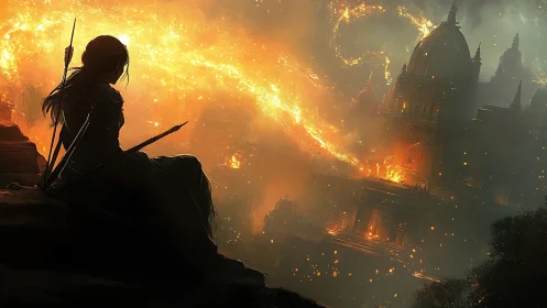 Archer silhouette watches burning castle in fantasy landscape.