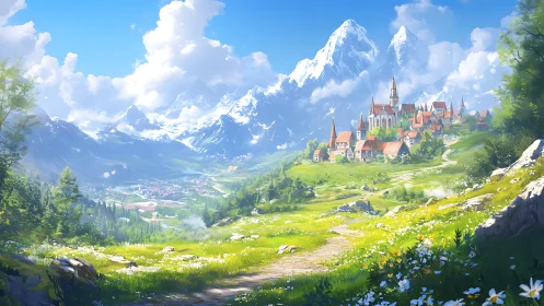 Digital painting of alpine village in panoramic valley light.