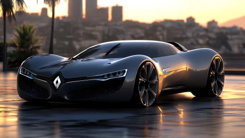 Futuristic Renault concept car on wet rooftop at sunset.
