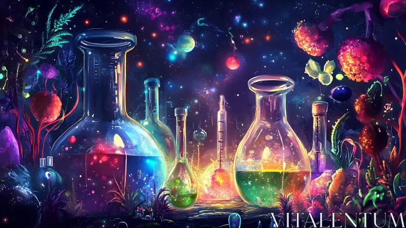 Luminous potion lab glows in a cosmic bioluminescent garden
