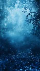 Moody blue forest clearing with glowing ground lights.