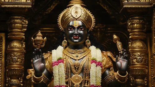 Hindu deity statue with garlands stands in ornate golden shrine