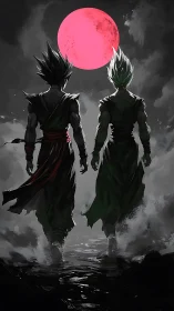 Warrior silhouettes stride toward vivid crimson moon