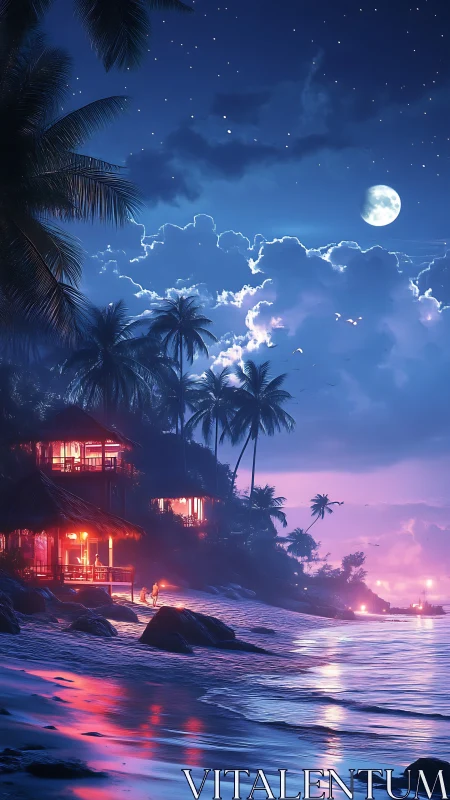 Moonlit Tropical Beachside Villa Under Starlit Nocturne Sky.