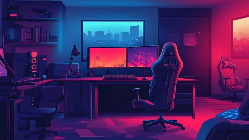 Cozy dual-screen gaming haven glowing in neon calm.