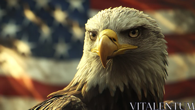 Majestic bald eagle portrait with defocused flag backdrop.
