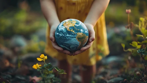 Child holding stylized Earth globe in soft garden scene.