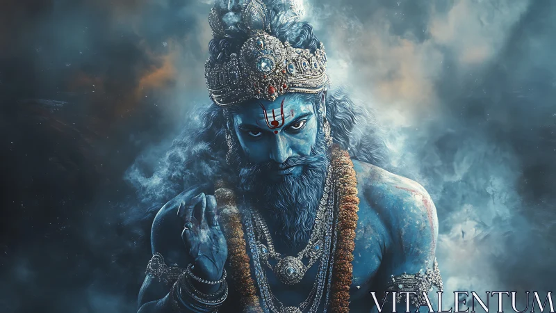 Blue-skinned crowned figure amid dense atmospheric haze.