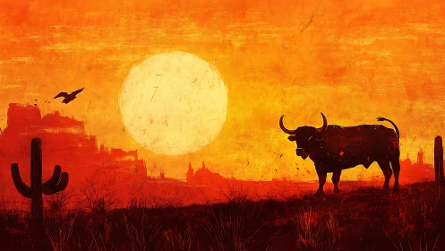Silhouetted bull and cacti against large desert sunset orb.