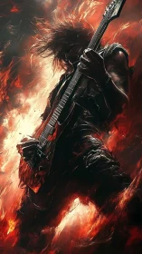 Incandescent metal guitarist in pyrokinetic motion field.