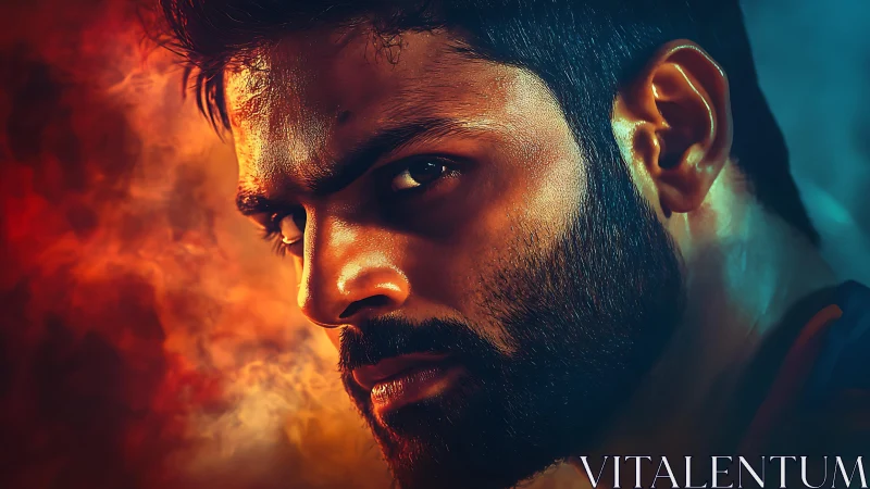 Intense bearded man portrait in cinematic firelight glow.