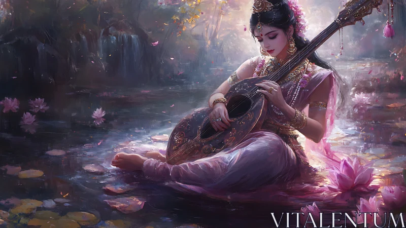 Lotus pond serenade with a tranquil veena goddess figure.