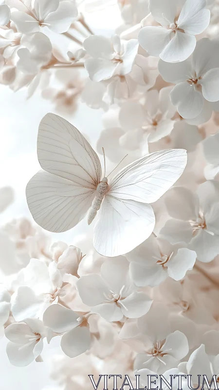 White butterfly rests among pale hydrangea blossoms