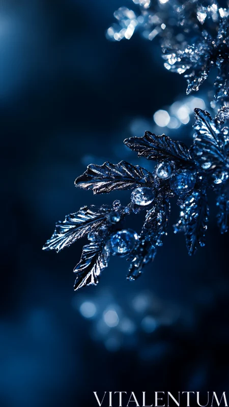 Icy decorative leaves in cool blue macro focus.