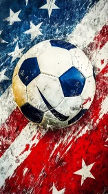 Weathered soccer ball over distressed USA flag texture design
