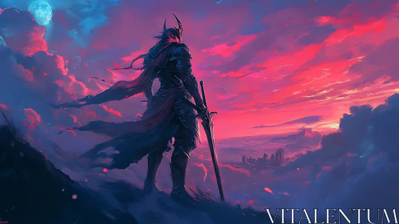 Armored warrior overlooks neon dusk city in cinematic framing