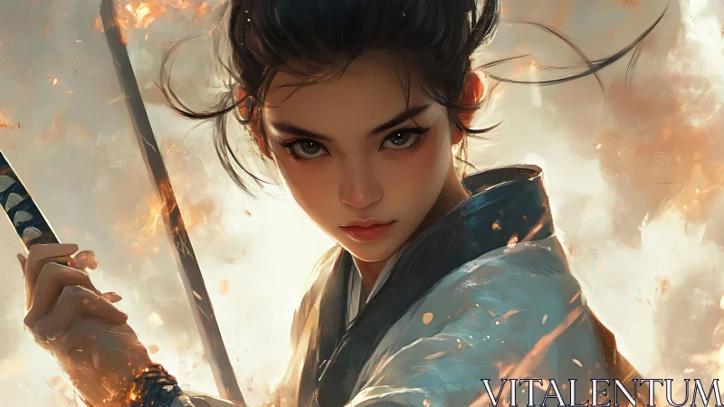 Fierce young swordswoman framed by swirling embers.