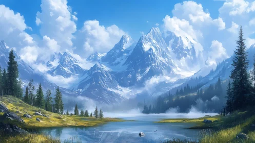 High-altitude alpine lake framed by glaciated peaks and conifer forest