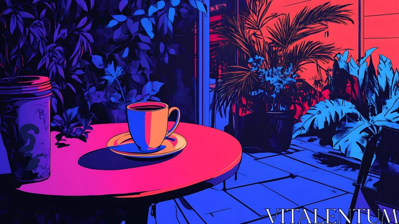 Neon garden café table basking in electric twilight hush.