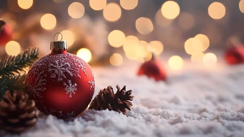 Macro red bauble in snow with bokeh festive lights behind