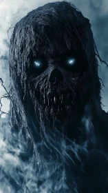 Night shrouded wraith gazes out with eerie glowing eyes