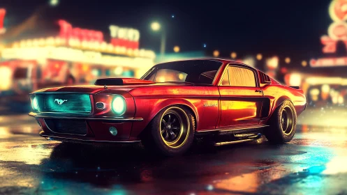 Retro red Mustang fastback under neon diner night lighting
