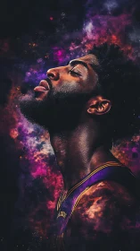 Cosmic portrait of focused basketball player in nebula glow.