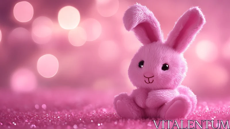 Soft pink plush bunny glows amid dreamy bokeh lights.