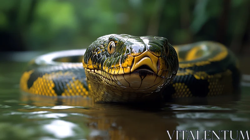 Green anaconda resting in calm shallow jungle water.