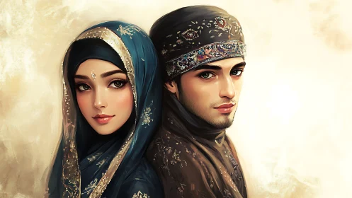 Islamic Portrait Pair: Ornamental Headwear and Traditional Attire.