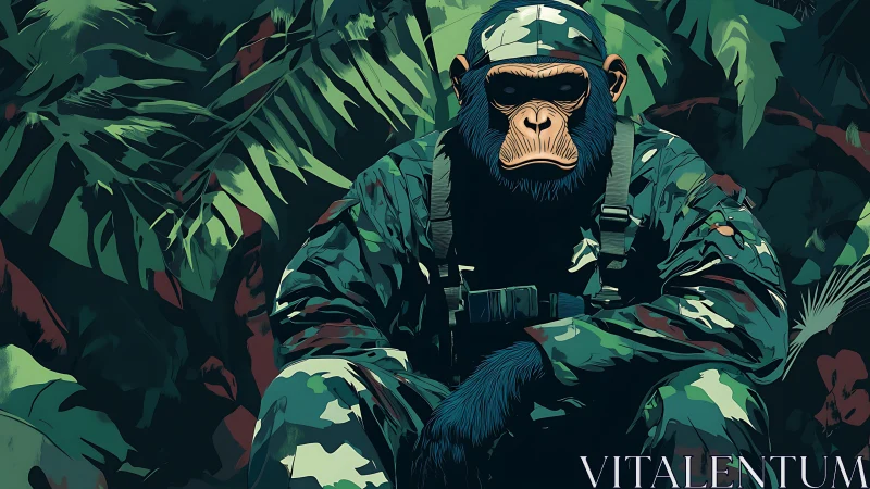 Camouflaged chimp soldier crouches in dense jungle foliage.