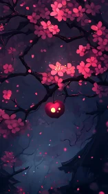 Cherry blossom branches with glowing fruit in dark forest.