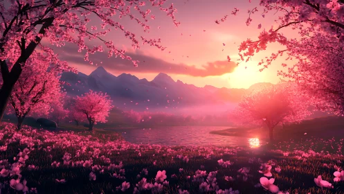 Cherry blossom valley lake at sunset with distant mountains.