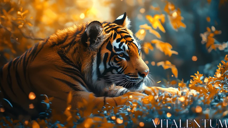 Cinematic tiger portrait in bokeh forest with teal orange grading
