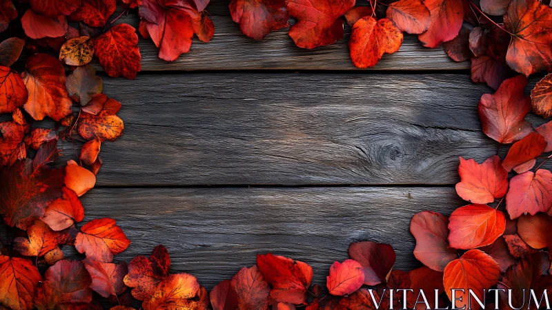 Crimson autumn leaves framing rustic weathered wood board.
