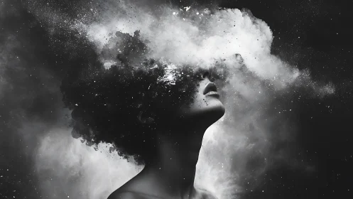 Monochrome female portrait merging with dispersed smoke field.